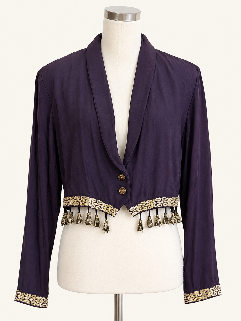 Vintage Judy Knapp Purple Gold Tassel Crop Evening Jacket M